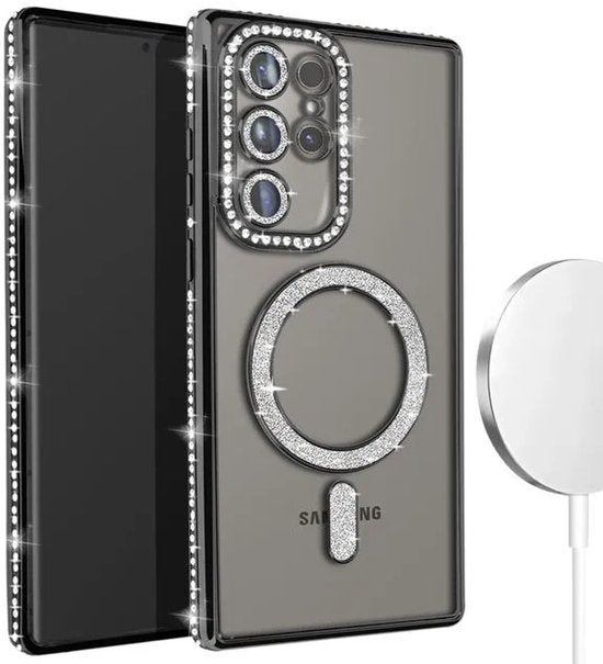 Samsung Galaxy S23 Ultra Hoesjes – MagSafe Glitter Backcover – Strass Diamantjes – Glamour – Zwart-Ilumina Benelux