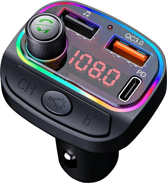 FM Transmitter Auto – Bluetooth 5.0 Carkit – MP3 Speler – Snelladen USB & USB-C – Handsfree – 7-Kleuren LED – Zwart-Ilumina Benelux