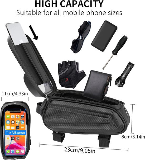 Telefoonhouder fiets – Frametas EVA Hard Shell – TPU Touchscreen 7.0 inch – Zonneklep & Oortelefoon Gat – Zwart-Ilumina Benelux