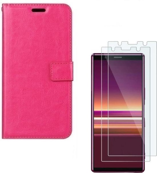 Sony Xperia 5 Hoesjes – Portemonnee Hoes – Pasjeshouder – 2x Screenprotector – Roze-Ilumina Benelux