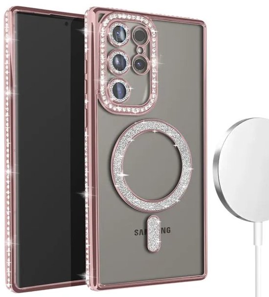 Samsung Galaxy S22 Ultra Hoesjes – MagSafe Glitter Backcover – Strass Diamantjes – Glamour – Roségoud-Ilumina Benelux