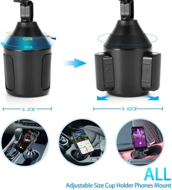 Telefoonhouder auto – Bekerhouder model One-Touch – Verstelbare klem – Geschikt voor smartphones iPhone Samsung Oppo Xiaomi – Zwart-Ilumina Benelux