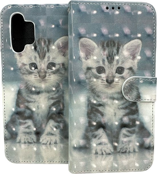 Samsung Galaxy A32 4G Hoesjes – Portemonnee Book Case – Pasjeshouder – Magneetsluiting – Kat Print-Ilumina Benelux