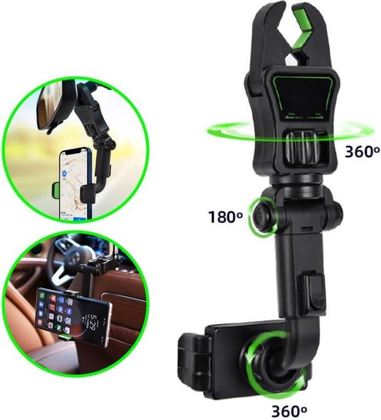 Telefoonhouder auto – 360° draaibaar – Verstelbaar – Achterbank & Achteruitkijkspiegel montage – Zwart-Ilumina Benelux