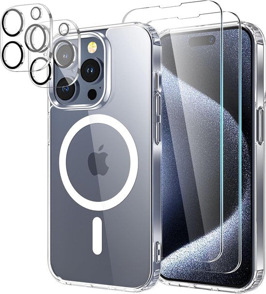 iPhone 15 Pro Max Hoesjes – Magnetische Backcover – Magsafe Compatibel – 2x Screenprotector + Cameralens – Transparant-Ilumina Benelux