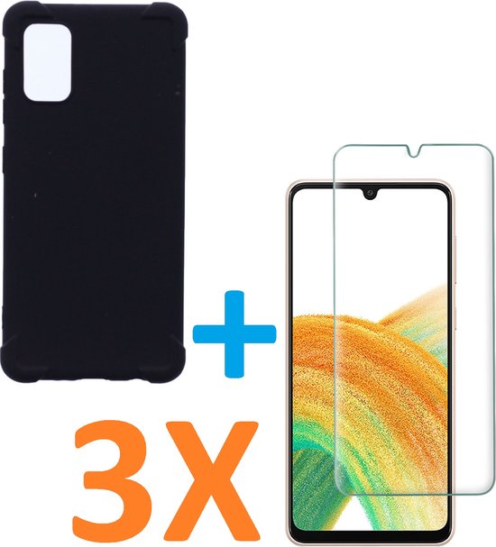 Samsung Galaxy A33 5G Hoesjes – Anti-Shock Siliconen Backcover – 3x Screenprotector Gehard Glas – Zwart-Ilumina Benelux