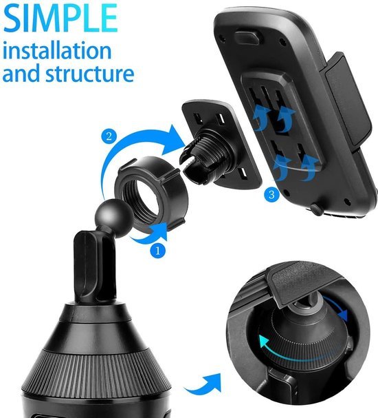 Telefoonhouder auto – Bekerhouder model One-Touch – Verstelbare klem – Geschikt voor smartphones iPhone Samsung Oppo Xiaomi – Zwart-Ilumina Benelux