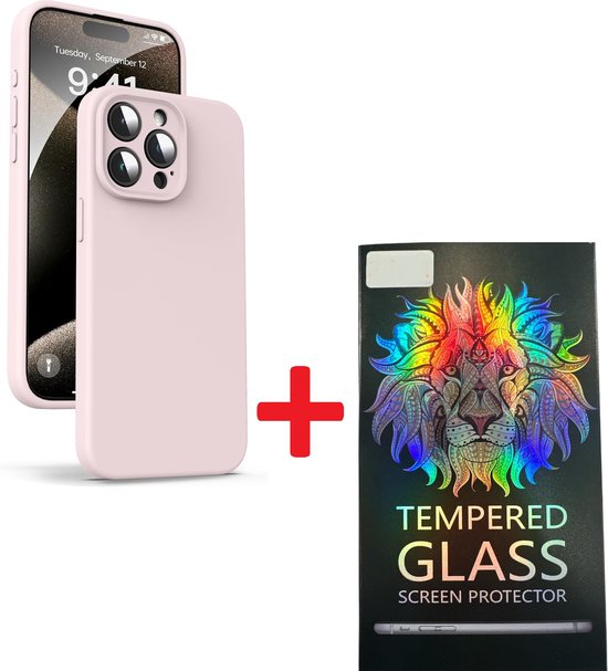 iPhone 15 Pro Hoesjes – Liquid Siliconen Backcover + Screenprotector – Camera Allround Bescherming – Lichtroze-Ilumina Benelux