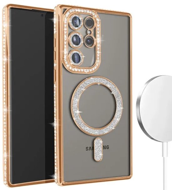 Samsung Galaxy S23 Ultra Hoesjes – MagSafe Glitter Backcover – Strass Diamantjes – Glamour – Goud-Ilumina Benelux