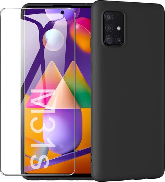 Silicone hoesje zwart met 2 Pack Screenprotector Glas Geschikt voor: Samsung Galaxy M31s