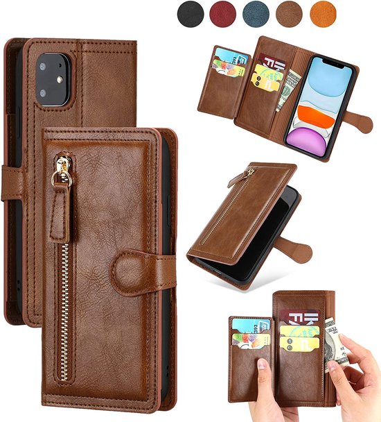 iPhone 14 Hoesjes – Portemonnee Flipcover met Ritssluiting – Magnetisch – 5 Pasjeshouder – Donkerbruin-Ilumina Benelux