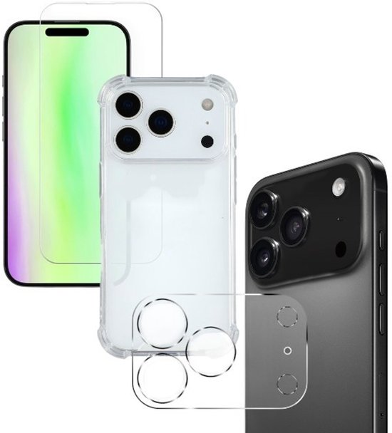 iPhone 17 Pro Hoesjes – Anti-shock Siliconen Backcover – Transparant – Incl. 3x Screenprotector Glas & 3x Camera Lens Protector – Clear-Ilumina Benelux