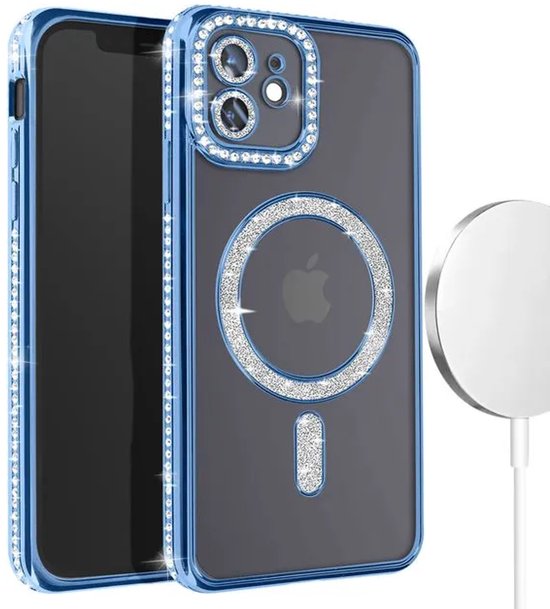 iPhone 12 Pro Max Hoesjes – MagSafe Glitter Backcover – Diamantjes – Glamour – Blauw-Ilumina Benelux