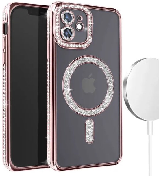 iPhone 12 Pro Max Hoesjes – MagSafe Glitter Backcover – Diamantjes – Glamour – Roségoud-Ilumina Benelux