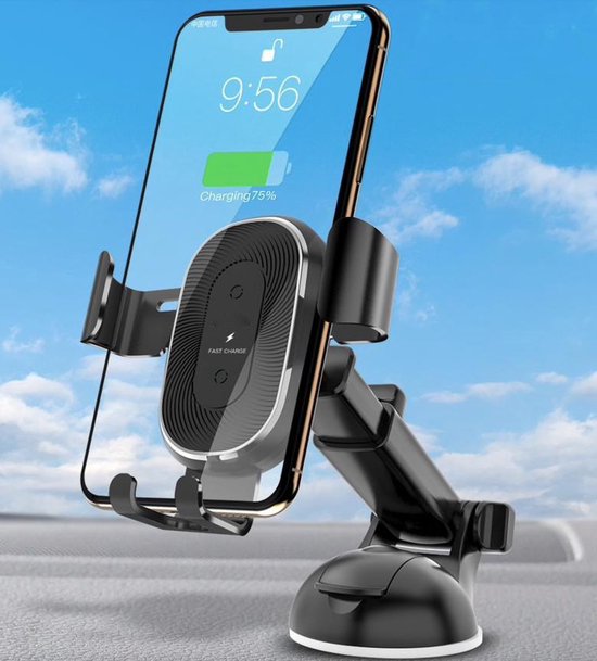 Telefoonhouder auto – Zuignap dashboard/raam – 10W Qi draadloze oplader – 360° draaibaar – Zwart-Ilumina Benelux