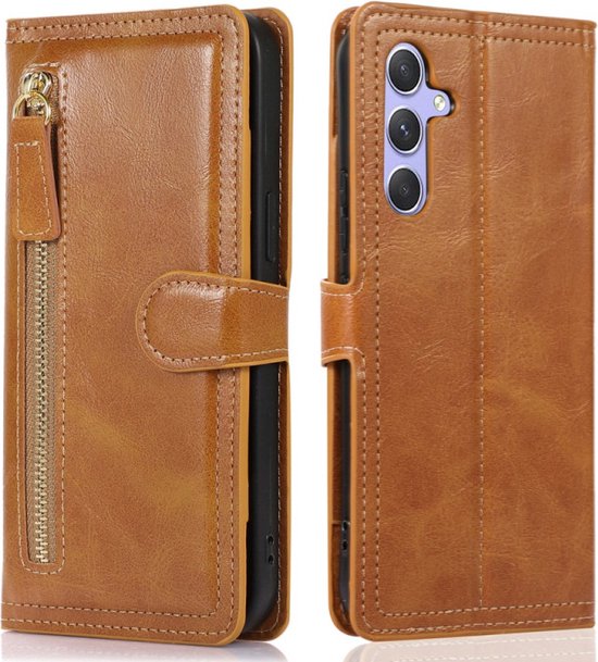 Samsung Galaxy A25 Hoesjes – Bookcase Flipcover – Magneetsluiting – 5 Pasjeshouder – Lichtbruin-Ilumina Benelux