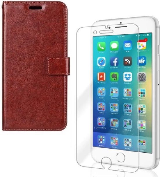 iPhone 7 Plus/8 Plus Hoesjes – Portemonnee Bookcase – Magneetsluiting – 2x Screenprotector Gehard Glas – Bruin-Ilumina Benelux