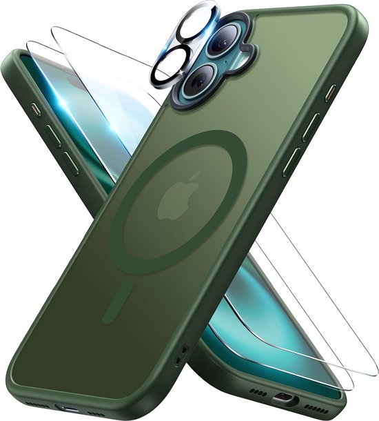 iPhone 16 Hoesjes – Backcover met Magnetische Ring – Camera Lens Protector – 2x Screenprotector – Groen-Ilumina Benelux