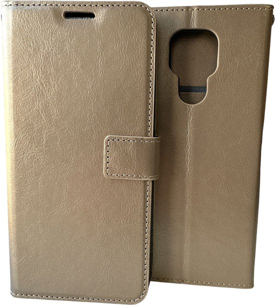 Motorola Moto E7 Hoesjes – Portemonnee Book Case – Pasjeshouder – 2x Screenprotector – Goud-Ilumina Benelux