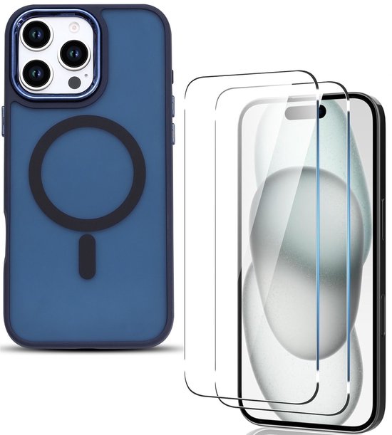 iPhone 16 Hoesjes – Magnetische MagSafe Backcover – Matte Achterkant – 2x Screenprotector – Blauw-Ilumina Benelux