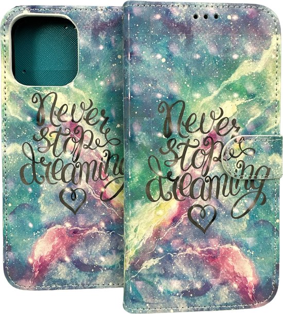 iPhone 14 Pro Hoesjes – Portemonnee Book Case – Pasjeshouder – Magneetsluiting – Never Stop Dreaming Print-Ilumina Benelux