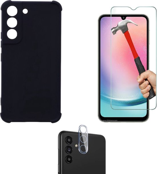 Anti -Shock Silicone hoesje zwart met Screenprotector Glas 1x en Camera lens protector 1x Geschikt voor: Samsung Galaxy A34