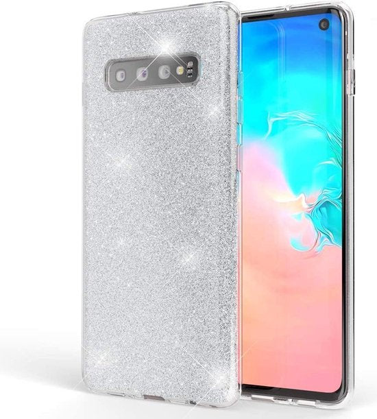 Samsung Galaxy S10 Plus Hoesjes – Siliconen TPU Backcover – Glitter BlingBling – Zilver-Ilumina Benelux