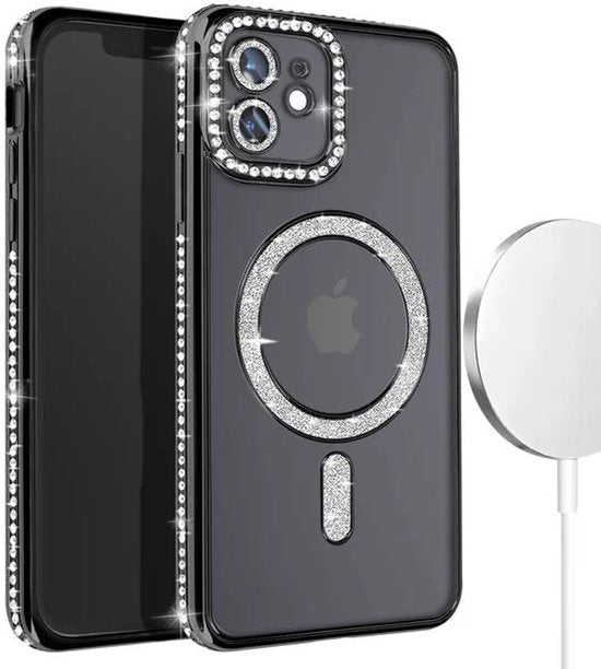 iPhone 11 Pro Hoesjes – MagSafe Glitter Backcover – Diamantjes – Glamour Design – Zwart-Ilumina Benelux
