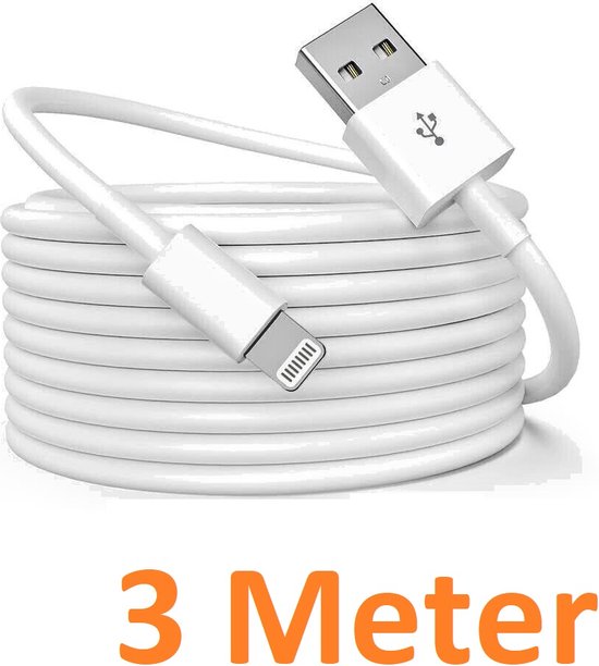 Lightning kabel – Geschikt voor iPhone iPad AirPods iPod – USB-A naar Lightning – 3 Meter – Oplaadkabel – Wit-USB-Kabels-Ilumina Benelux