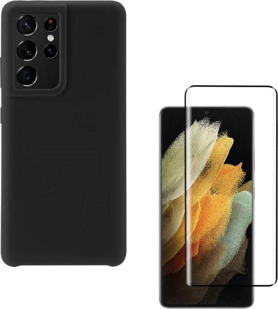 Samsung Galaxy S21 Ultra Hoesjes – Liquid Siliconen Backcover – Soft Touch – Flexibel – Zwart + Screenprotector-Ilumina Benelux