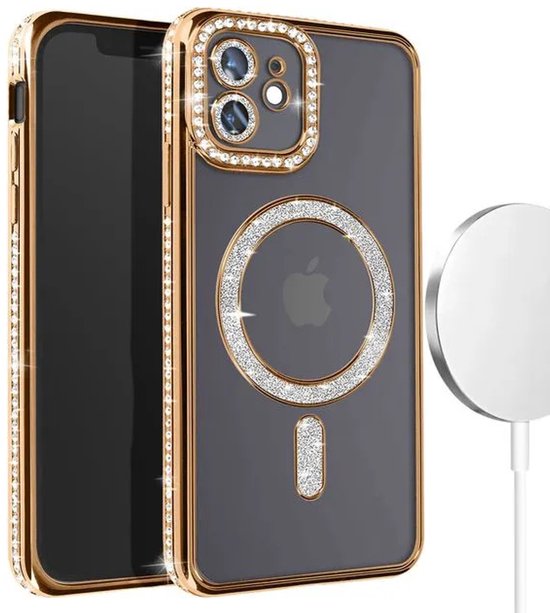 iPhone 12 Hoesjes – MagSafe Glitter Backcover – Diamantjes – Glamour Design – Goud-Ilumina Benelux