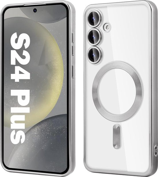 Samsung Galaxy S24 Plus Hoesjes – Magnetische Siliconen Backcover – Camera Lens Protector – Transparant – Zilver-Ilumina Benelux