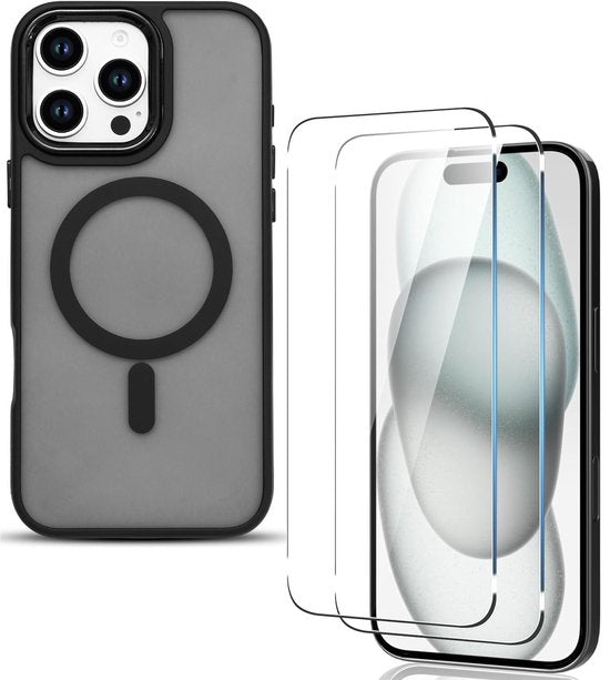 iPhone 16 Pro Hoesjes – MagSafe Compatibel – Magnetische Backcover – 2x Screenprotector – Mat Zwart-Ilumina Benelux