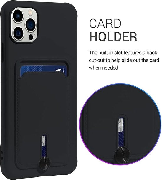 iPhone 13 Pro Max Hoesjes – Siliconen Backcover – Push-pull Pasjeshouder – Zwart-Ilumina Benelux