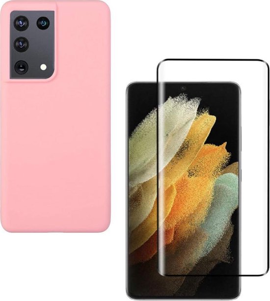 Samsung Galaxy S21 Ultra Hoesjes – Liquid Siliconen Backcover – Soft Touch Flexibel – Met Screenprotector – Lichtroze-Ilumina Benelux