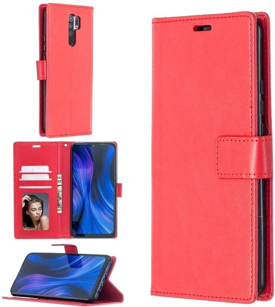 Xiaomi Redmi 9 Hoesjes – Portemonnee Book Case – Magneetsluiting – 2x Gehard Glas Screenprotector – Rood-Ilumina Benelux