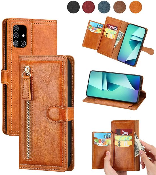 Samsung Galaxy A12 Hoesjes – Vintage Portemonnee Hoes – Pasjeshouder – Magneetsluiting – Lichtbruin-Ilumina Benelux