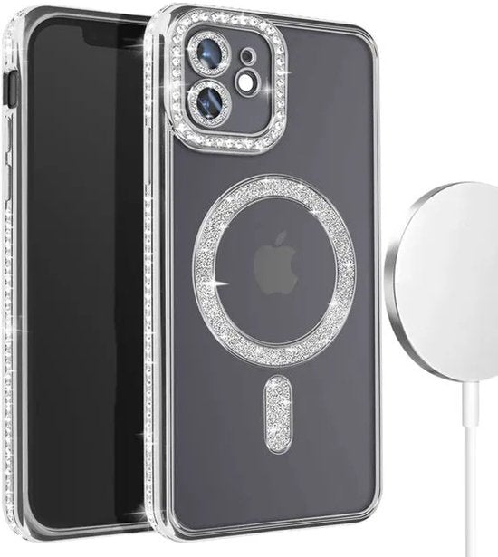 iPhone 12 Pro Max Hoesjes – MagSafe Glitter Backcover – Strass Diamantjes – Glamour – Zilver-Ilumina Benelux