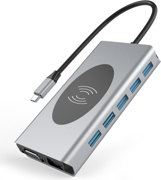 USB-C Hub – 14-in-1 Multipoort Adapter – Draadloze Oplader – 2x HDMI 4K/VGA – 87W PD – Ethernet/SD/Audio – Zwart-Ilumina Benelux
