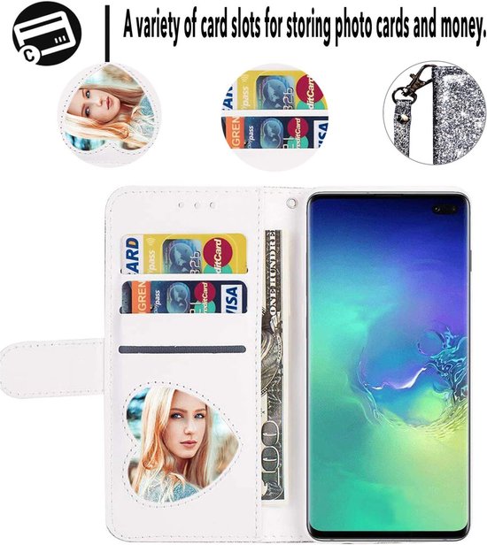 Sparkly Glitter Wallet Hoesje met Rits & Koord Geschikt voor: Samsung Galaxy S10E - Zilver