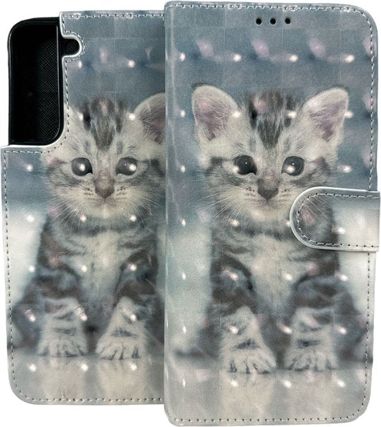 Samsung Galaxy S21 FE Hoesjes – Portemonnee Book Case – Pasjeshouder – Magneetsluiting – Kat Print-Ilumina Benelux