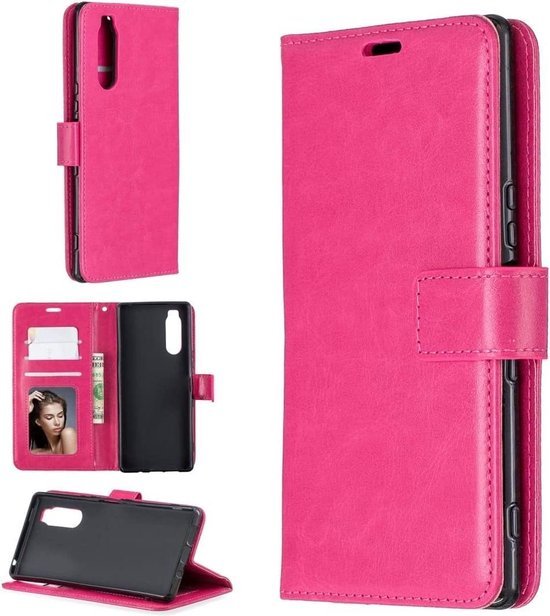 Sony Xperia 5 Hoesjes – Portemonnee Bookcase – Pasjeshouder – 2 Pack Screenprotector Gehard Glas – Roze-Ilumina Benelux