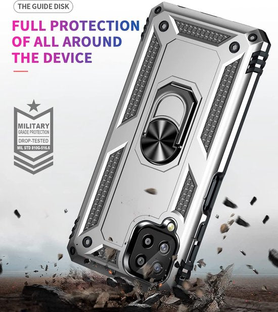 Samsung Galaxy A22 4G Hoesjes – Anti-Shock Hybride Ring Armor Backcover – Schokbestendig – Zilver-Ilumina Benelux