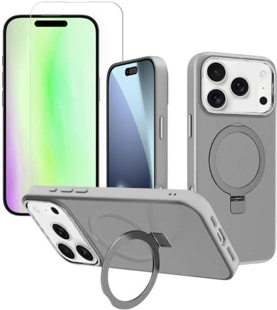 iPhone 17 Pro Max Hoesjes – MagSafe Backcover met Standaard – Schokbestendig – 2x Screenprotector – Grijs-Ilumina Benelux