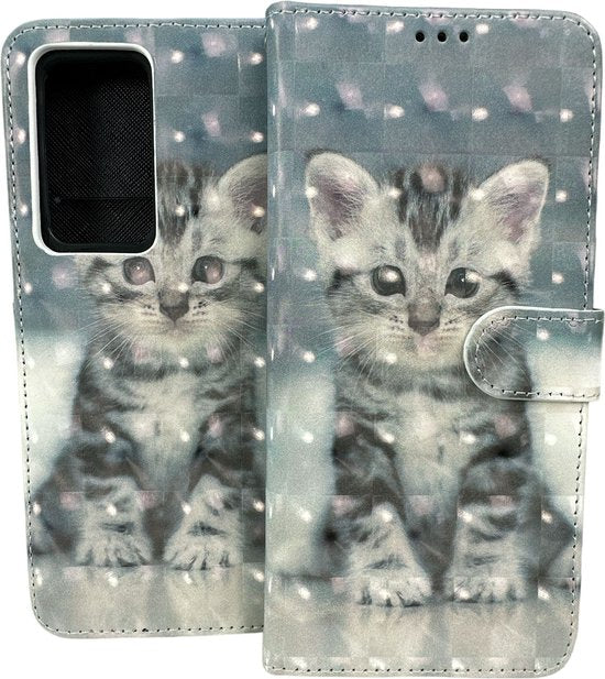 Xiaomi 12 Lite Hoesjes – Portemonnee Book Case – Pasjeshouder – Magneetsluiting – Kat Print-Ilumina Benelux
