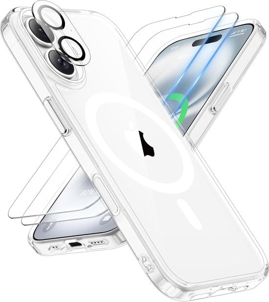 iPhone 16 Hoesjes – Magnetische Transparante Backcover – MagSafe – 2x Screenprotector – Camera Lens Protector – Clear-Ilumina Benelux