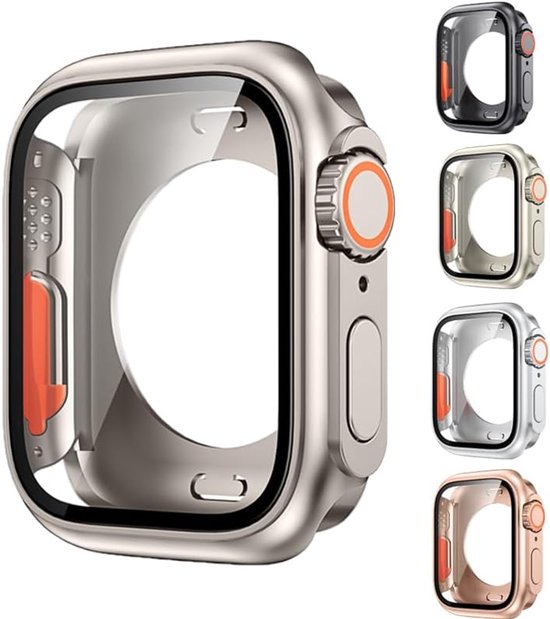Bumper Case Geschikt voor Apple Watch Series 7 / 8 / 9 - 45mm - Full Cover Hard Case / Beschermend Hoesje Met Screenprotector - Goud