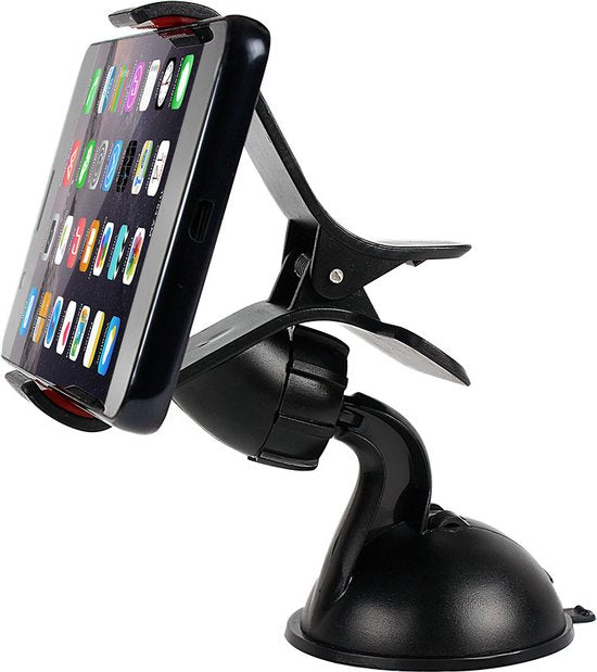 Telefoonhouder auto – Klem met zuignap – Voor voorruit, dashboard en bureau – Geschikt voor Samsung, iPhone, Oppo, Motorola – Zwart-Ilumina Benelux