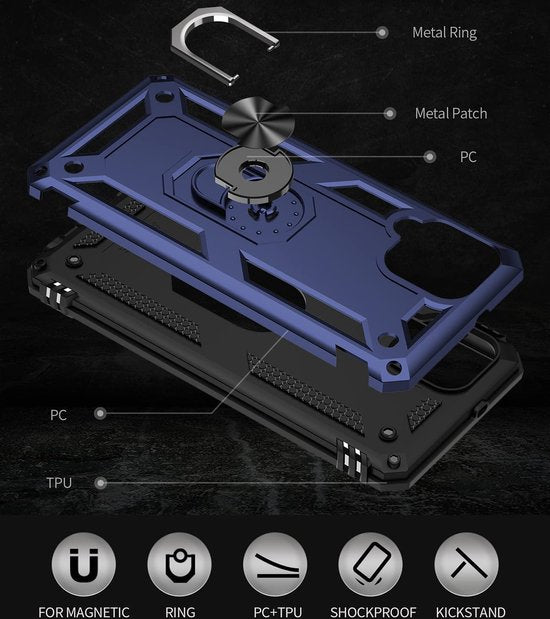 Samsung Galaxy A22 4G Hoesjes – Anti-Shock Hybride Backcover – Ringhouder – Armor Bescherming – Blauw