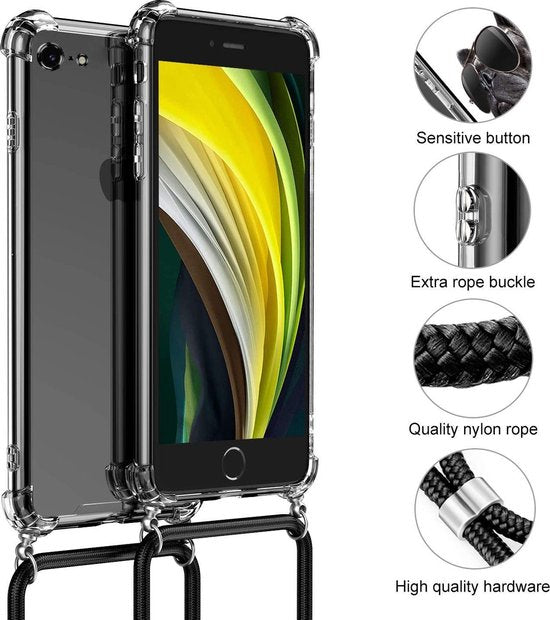 iPhone 7/8 Hoesjes – Backcover met Koord – Schokbestendig Anti-Shock – Transparant Zwart-Ilumina Benelux
